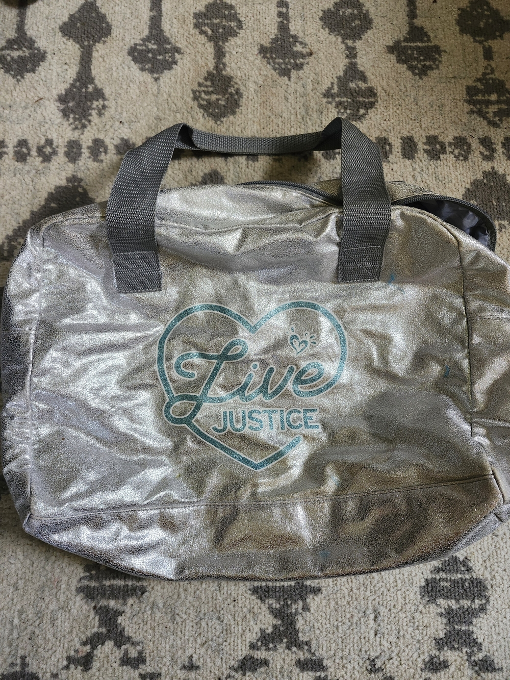 Justice Metallic Silver Tote with Teal Heart Logo